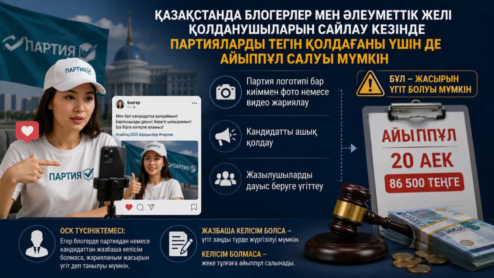 Сайлау кезінде партияларды тегін қолдаған  блогерлер мен әлеуметтік желі қолданушыларына   айыппұл салынуы мүмкін