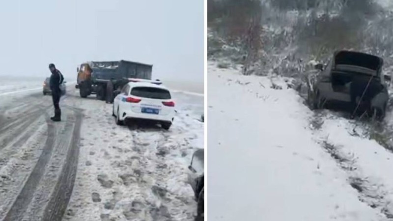 Қостанай облысынада қар жауып, көліктер жол жиегіне шығып кетіп жатыр