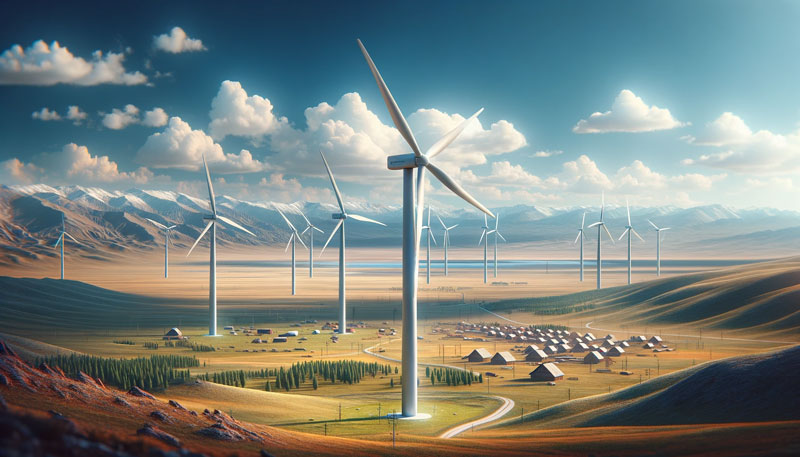 Панорамный вид на ветряные турбины в степях Казахстана, отражающий стремление к энергетической независимости и устойчивому развитию через ветроэнергетику.
