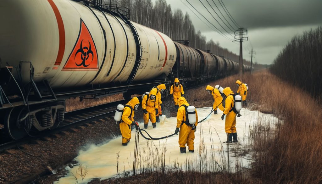Фото иллюстративное железнодорожной станции Сарыоба, где произошла утечка кислоты, с работающими на месте спасателями ДЧС.